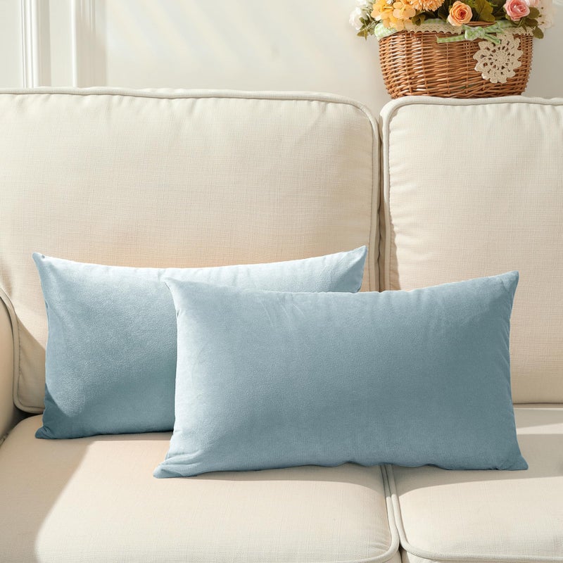 Stellhome Pack of 2 Throw Pillow Covers Rectangle Super Soft Solid Velvet Pillowcase for Bed Couch Sofa Bench, 12 x 20 inch (30 x 50 cm), Silver Blue - Image 1